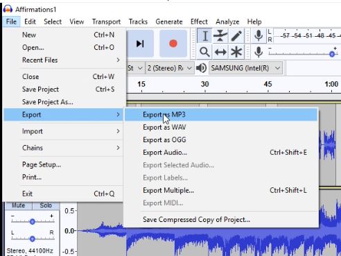 Click in File, Export ,Export as MP3.